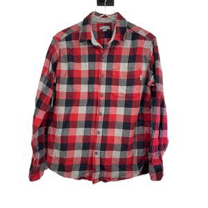 Eddie Bauer Mens LG Button Down Shirt Red Black Flannel Shirt Long Sleeve Pocket